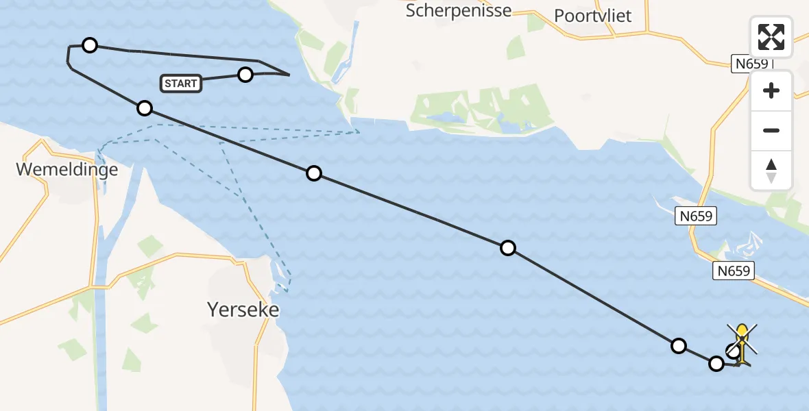 Routekaart van de vlucht: Kustwachthelikopter naar Tholen, Oosterschelde