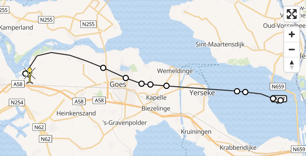 Routekaart van de vlucht: Kustwachthelikopter naar Vliegveld Midden-Zeeland, Lodijksche Gat