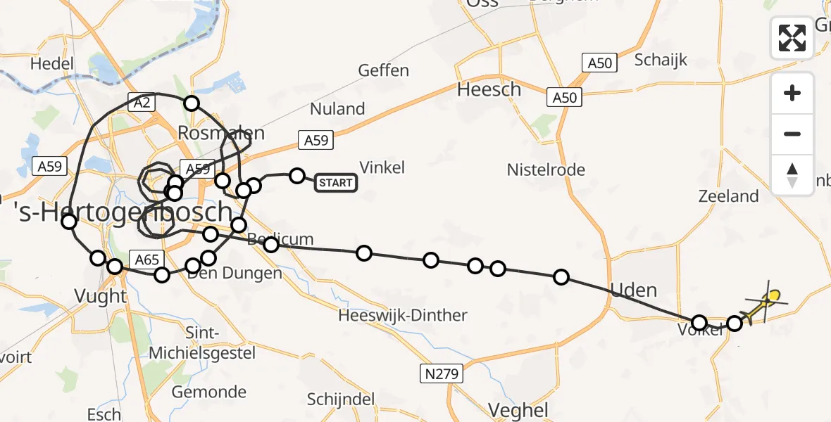 Routekaart van de vlucht: Politiehelikopter naar Vliegbasis Volkel, Weteringstraat