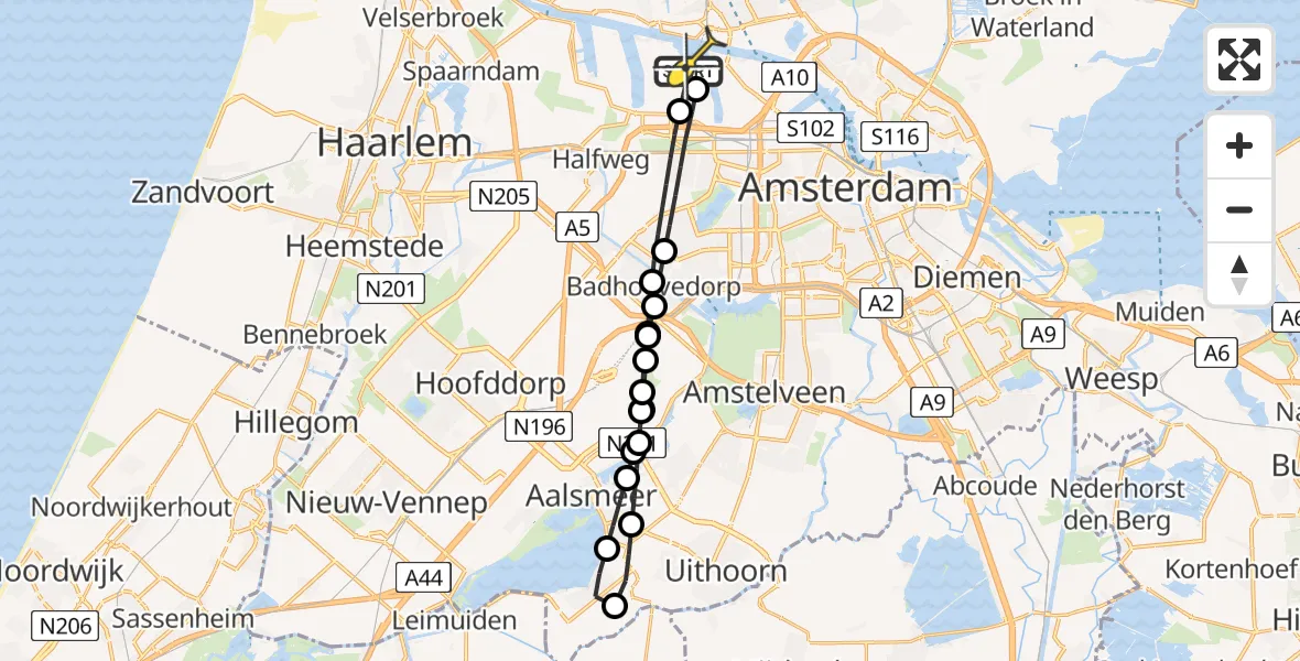 Vluchtroute Traumahelikopter van Amsterdam Heliport naar Amsterdam Heliport