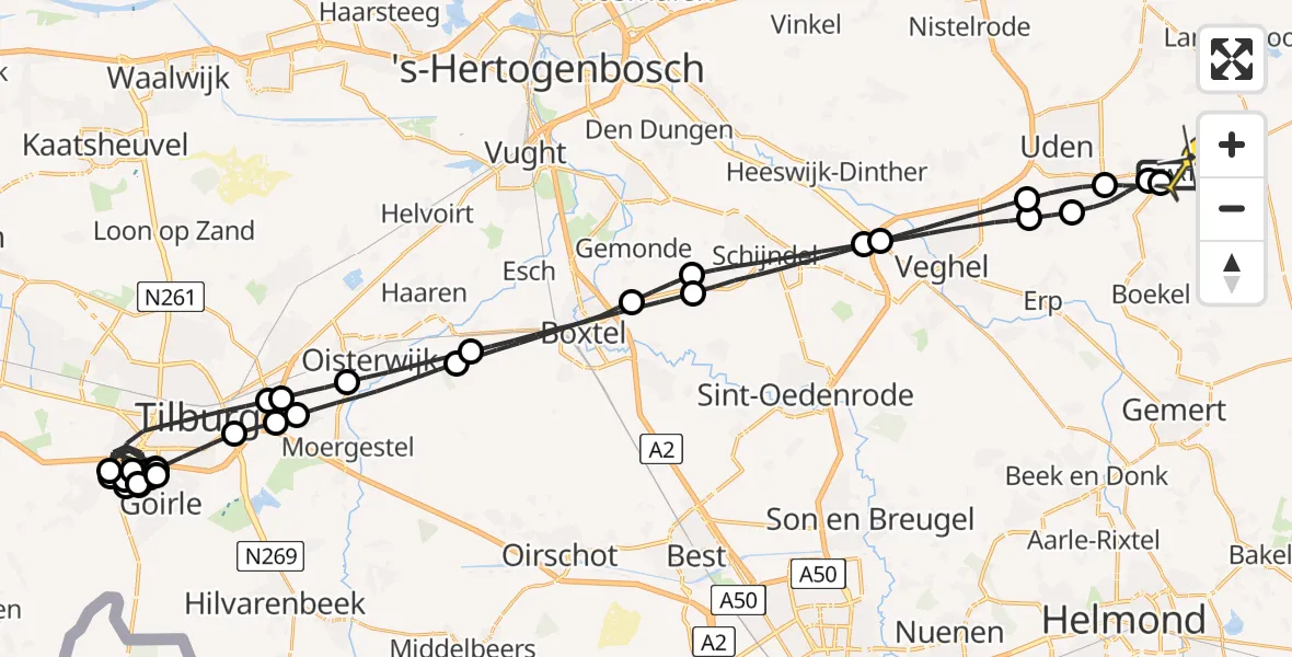 Routekaart van de vlucht: Politieheli naar Vliegbasis Volkel, Antoniusstraat