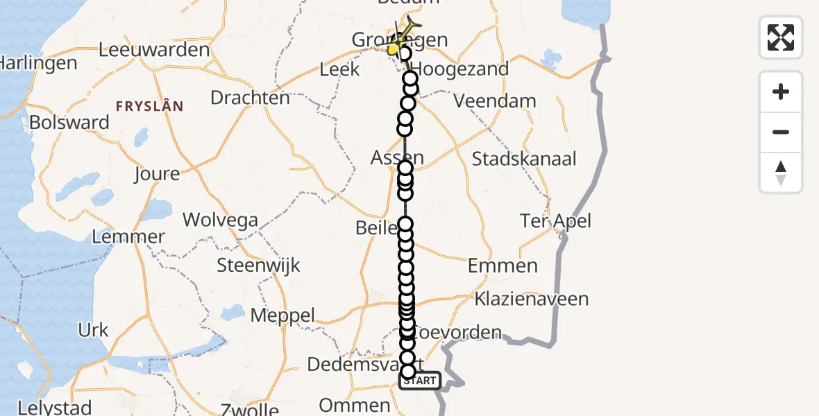Routekaart van de vlucht: Lifeliner 4 naar Universitair Medisch Centrum Groningen, Koppeltuin