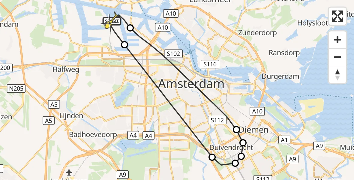 Routekaart van de vlucht: Lifeliner 1 naar Amsterdam Heliport, Corsicaweg