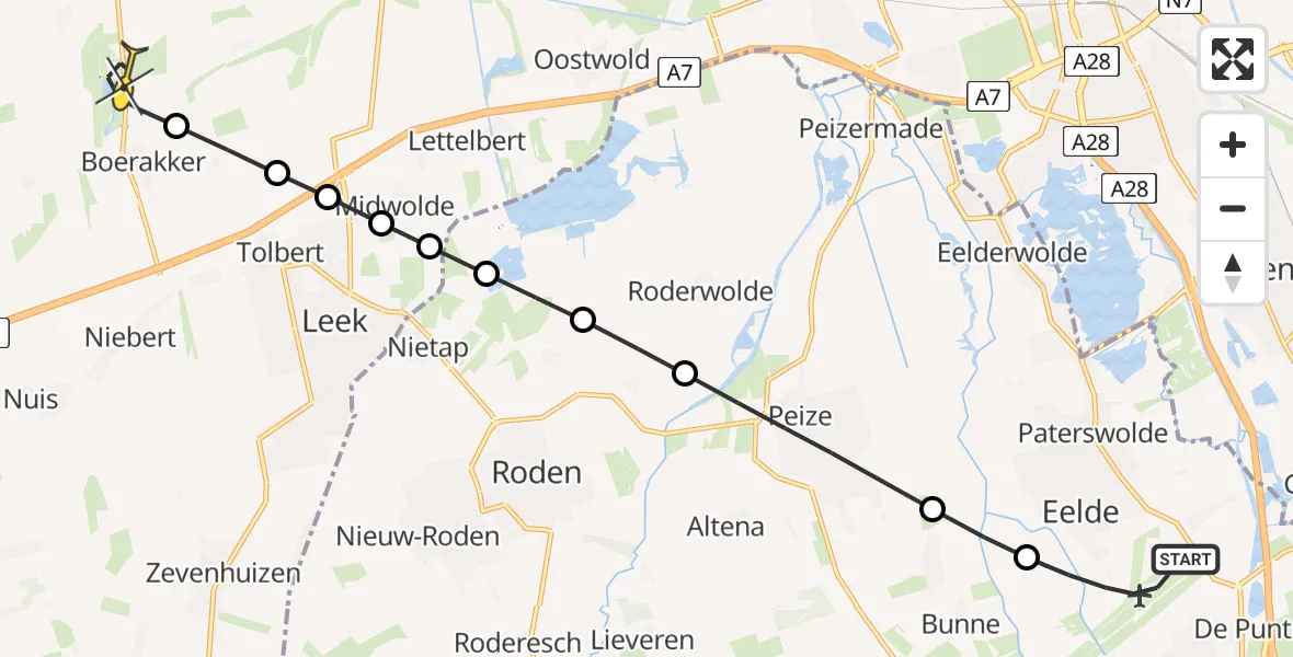 Routekaart van de vlucht: Lifeliner 4 naar Boerakker, Veldkampweg