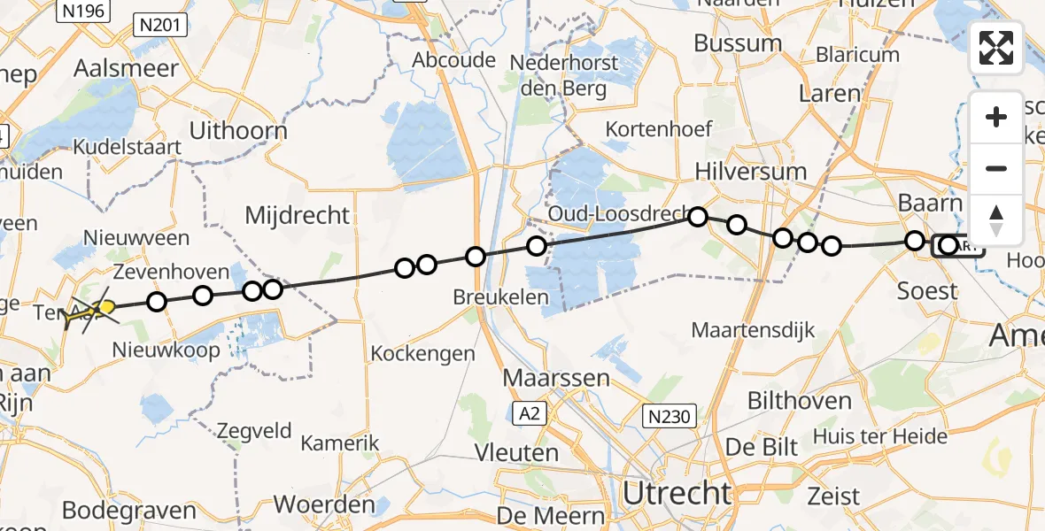 Routekaart van de vlucht: Lifeliner 1 naar Ter Aar, Stadhouderslaan