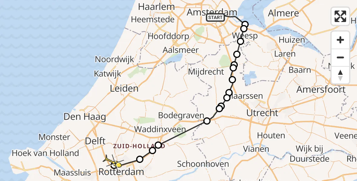 Routekaart van de vlucht: Politieheli naar Rotterdam The Hague Airport, Pieter Nieuwlandstraat