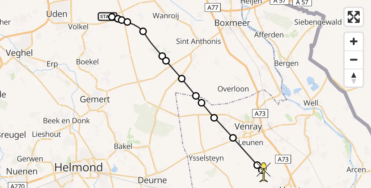 Routekaart van de vlucht: Politiehelikopter naar Meterik, Rode Eiklaan