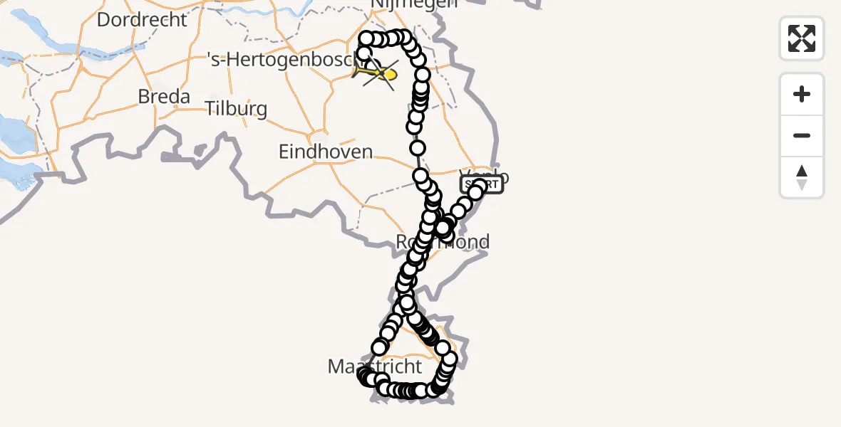 Routekaart van de vlucht: Politieheli naar Vliegbasis Volkel, Lindestraat