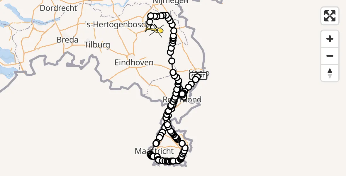 Routekaart van de vlucht: Politiehelikopter naar Vliegbasis Volkel, Lindestraat