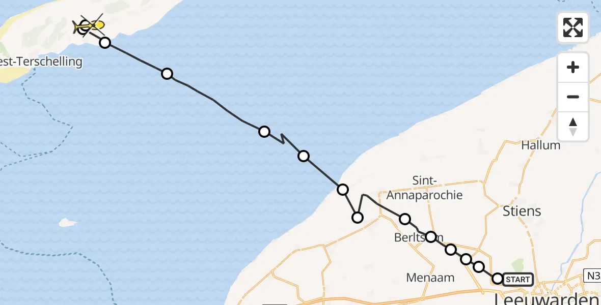 Routekaart van de vlucht: Ambulanceheli naar Midsland, Sasker van Heringawei