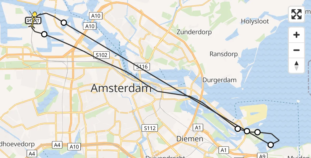 Vluchtroute Traumahelikopter van Amsterdam Heliport naar Amsterdam Heliport