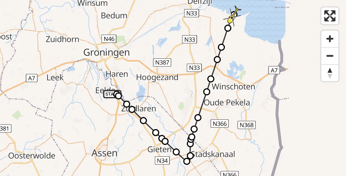 Routekaart van de vlucht: Lifeliner 4 naar Termunten, Burg. J.G. Legroweg