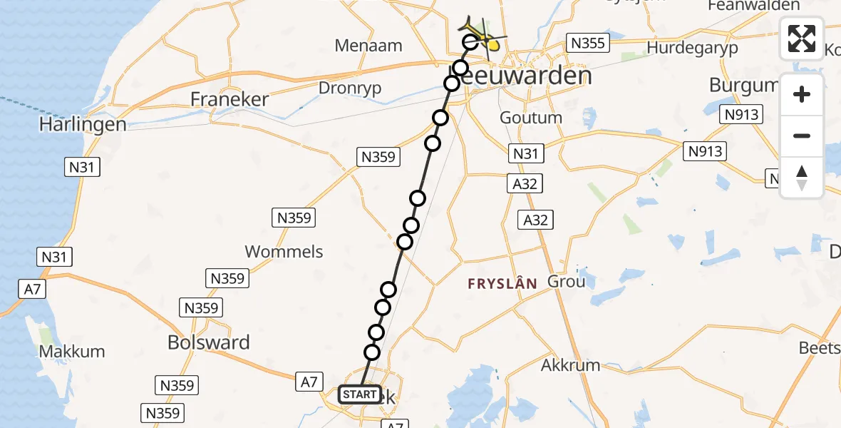 Routekaart van de vlucht: Ambulanceheli naar Vliegbasis Leeuwarden, Lauwers