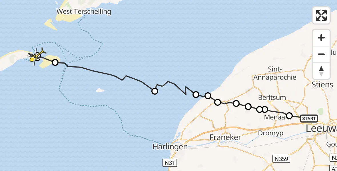 Routekaart van de vlucht: Ambulancehelikopter naar Vlieland, Westergoawei