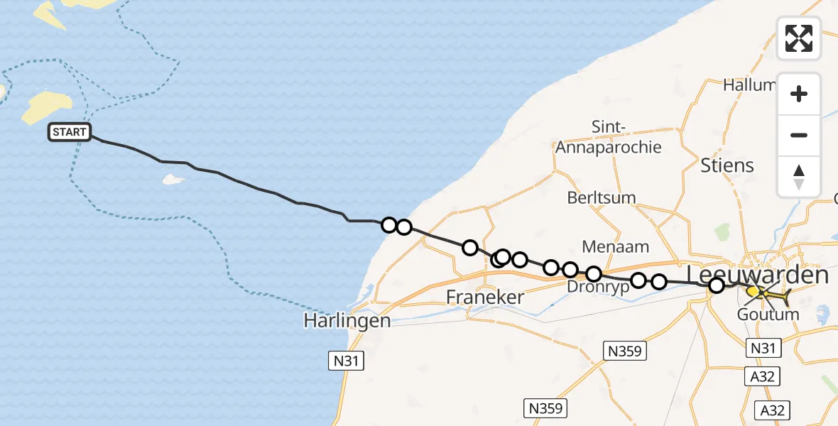 Routekaart van de vlucht: Ambulanceheli naar Leeuwarden, Borniastraat