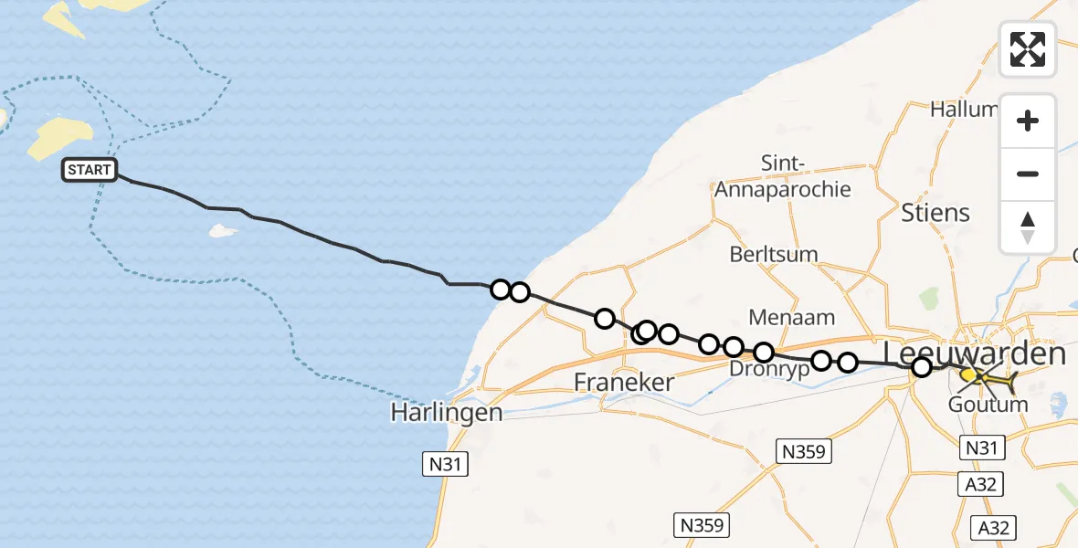 Routekaart van de vlucht: Ambulancehelikopter naar Leeuwarden, Borniastraat