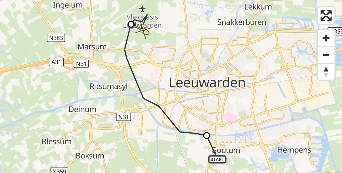 Routekaart van de vlucht: Ambulancehelikopter naar Vliegbasis Leeuwarden, Nijlânsdyk