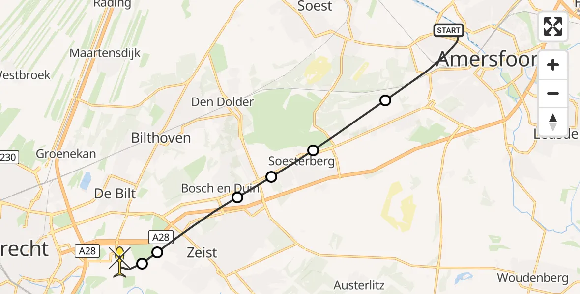 Routekaart van de vlucht: Lifeliner 1 naar Universitair Medisch Centrum Utrecht, Amsterdamseweg