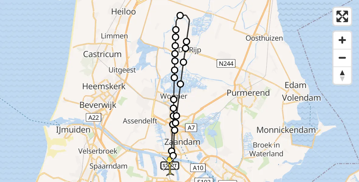 Routekaart van de vlucht: Lifeliner 1 naar Amsterdam Heliport, Grote Tocht