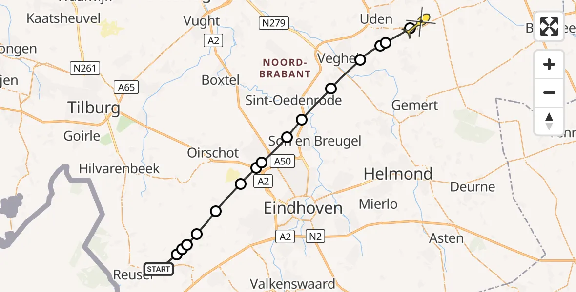 Routekaart van de vlucht: Lifeliner 3 naar Vliegbasis Volkel, Lange Trekken