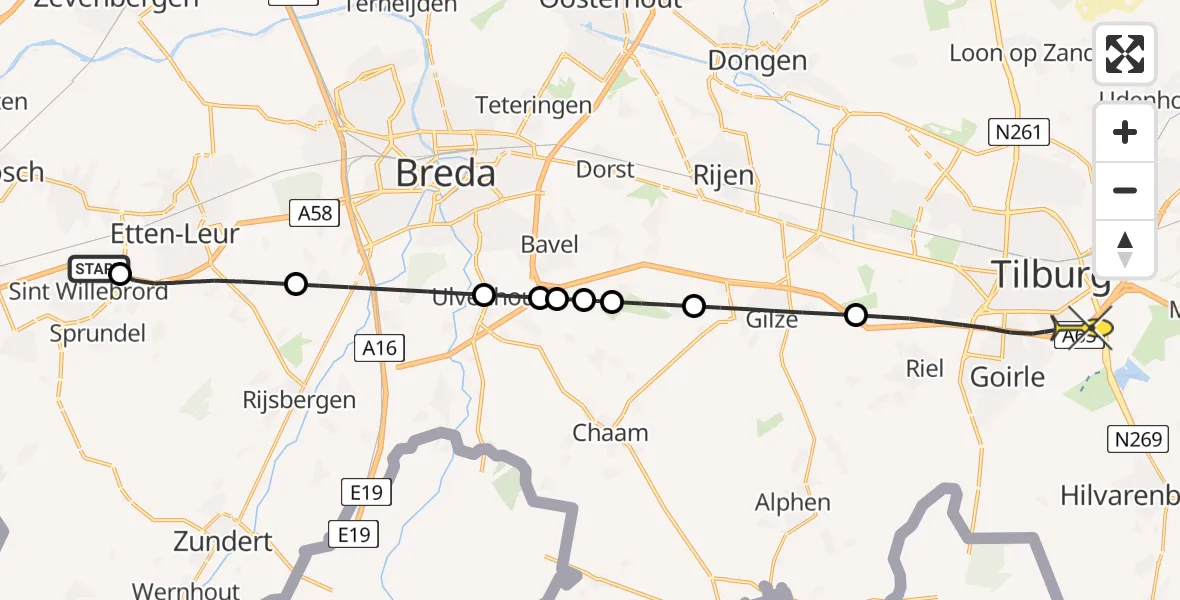 Routekaart van de vlucht: Lifeliner 2 naar Tilburg, Hilvarenbeekseweg