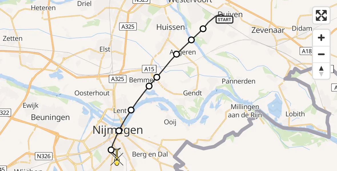 Routekaart van de vlucht: Lifeliner 3 naar Radboud Universitair Medisch Centrum, Welleveldsestraat