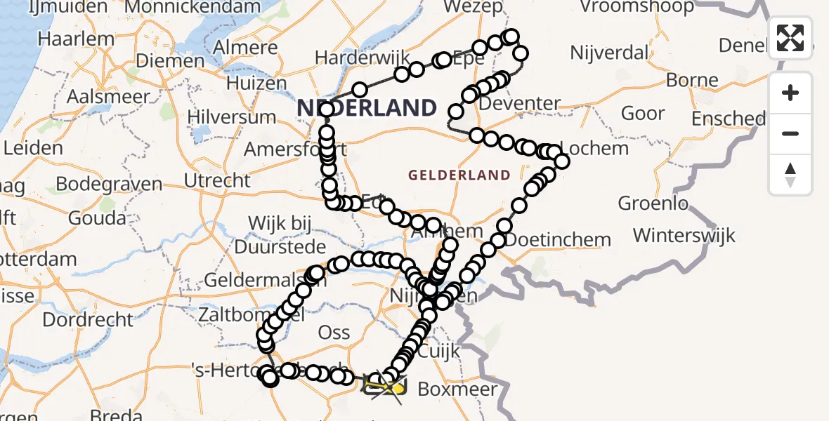 Vluchtroute Politiehelikopter van Vliegbasis Volkel naar Vliegbasis Volkel
