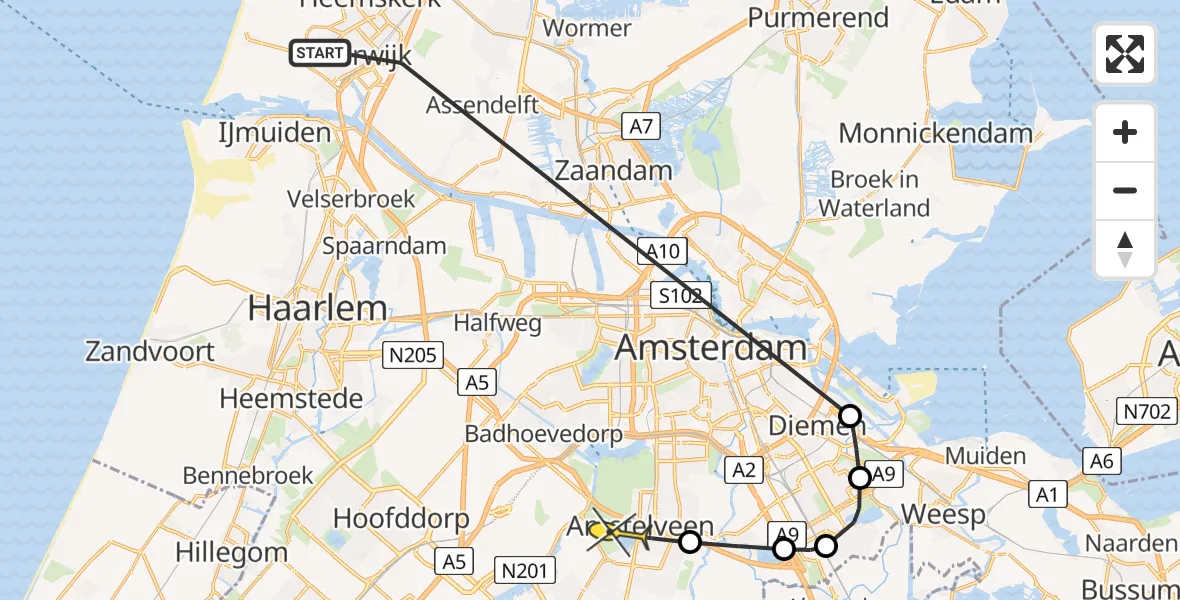 Routekaart van de vlucht: Politieheli naar Amstelveen, Kerkbollenveld