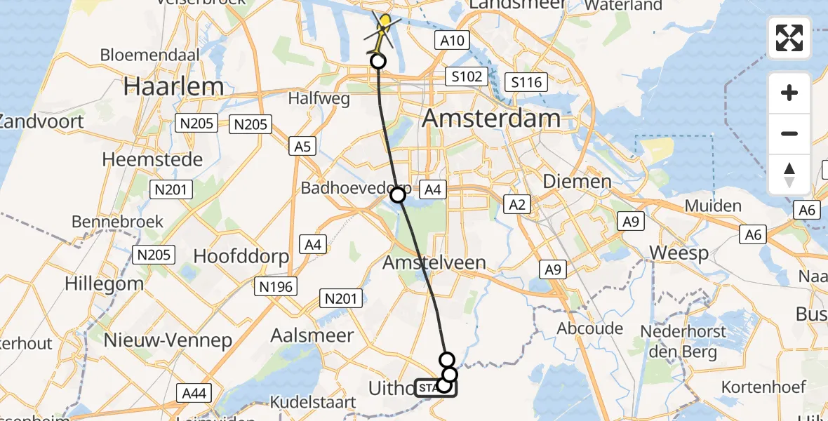 Routekaart van de vlucht: Lifeliner 1 naar Amsterdam Heliport, Amsteldijk Zuid