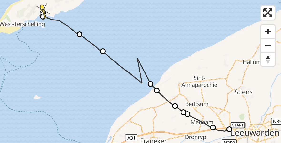 Routekaart van de vlucht: Ambulanceheli naar Kaard, Waadseewei