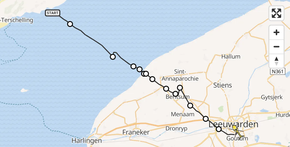 Routekaart van de vlucht: Ambulanceheli naar Leeuwarden, Borniastraat