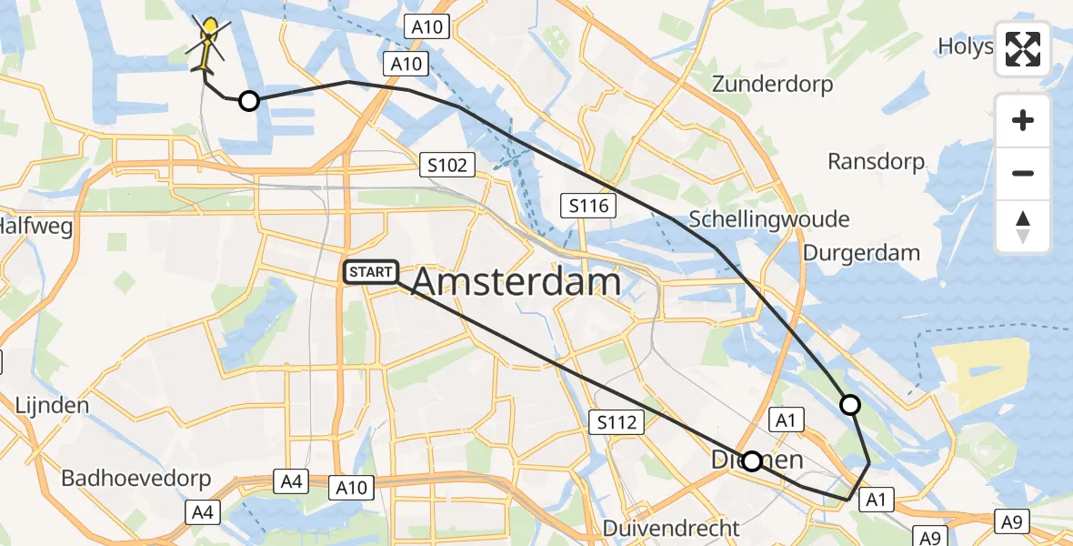 Routekaart van de vlucht: Lifeliner 1 naar Amsterdam Heliport, Bilderdijkkade