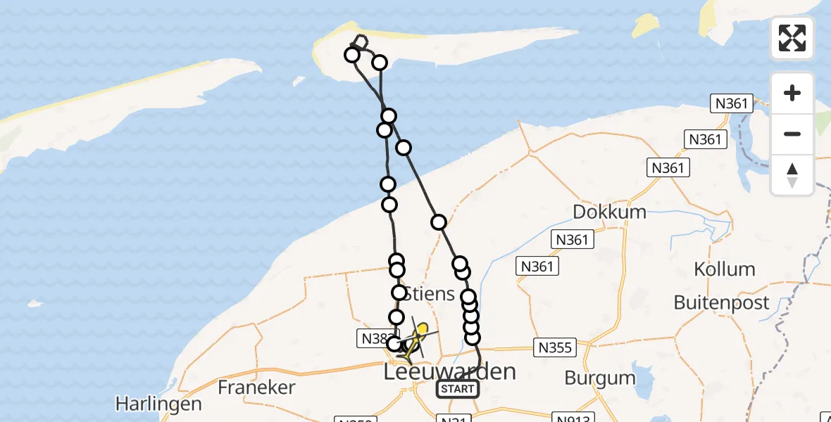 Routekaart van de vlucht: Ambulanceheli naar Vliegbasis Leeuwarden, Van Asbeckstraat