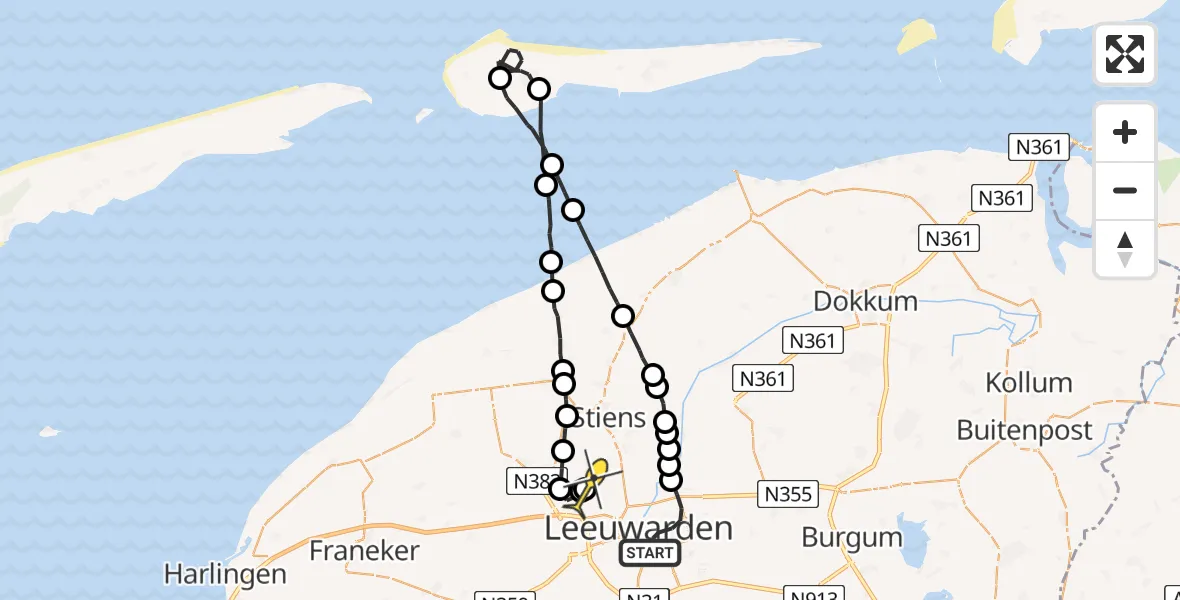 Routekaart van de vlucht: Ambulancehelikopter naar Vliegbasis Leeuwarden, Van Asbeckstraat