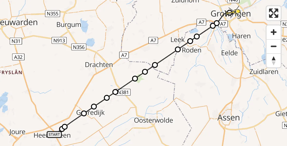 Routekaart van de vlucht: Lifeliner 4 naar Universitair Medisch Centrum Groningen, het Meer