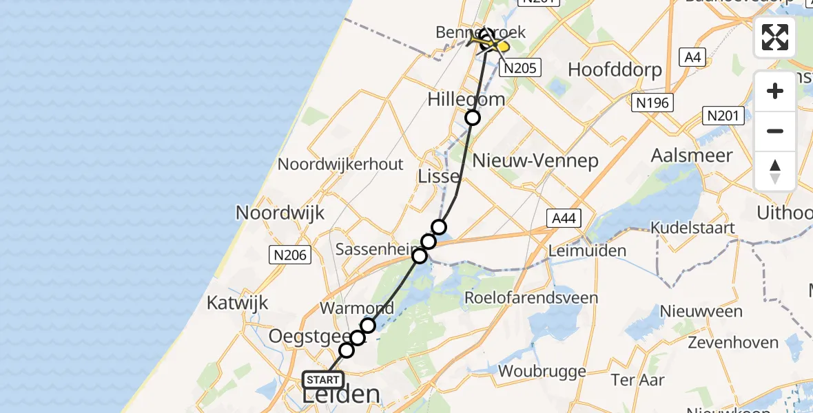 Routekaart van de vlucht: Lifeliner 1 naar Bennebroek, Oegstgeesterweg