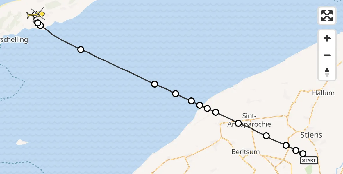 Routekaart van de vlucht: Ambulanceheli naar Midsland, Nijlânsdyk