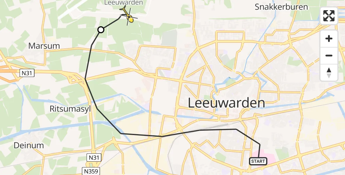 Routekaart van de vlucht: Ambulancehelikopter naar Vliegbasis Leeuwarden, Leeuwarderstraat