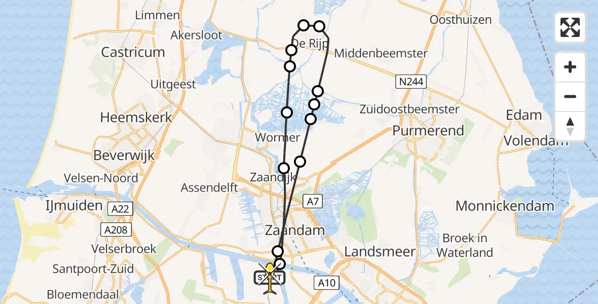 Routekaart van de vlucht: Lifeliner 1 naar Amsterdam Heliport, Grote Tocht