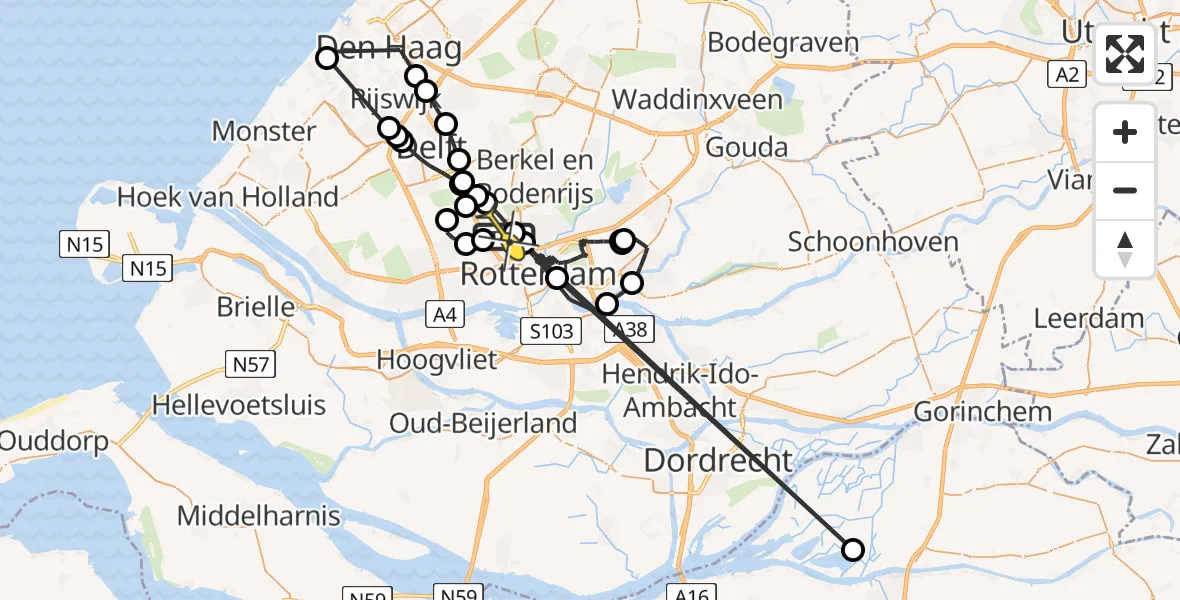 Routekaart van de vlucht: Politieheli naar Rotterdam The Hague Airport, Annie Romein-Verschoorhof