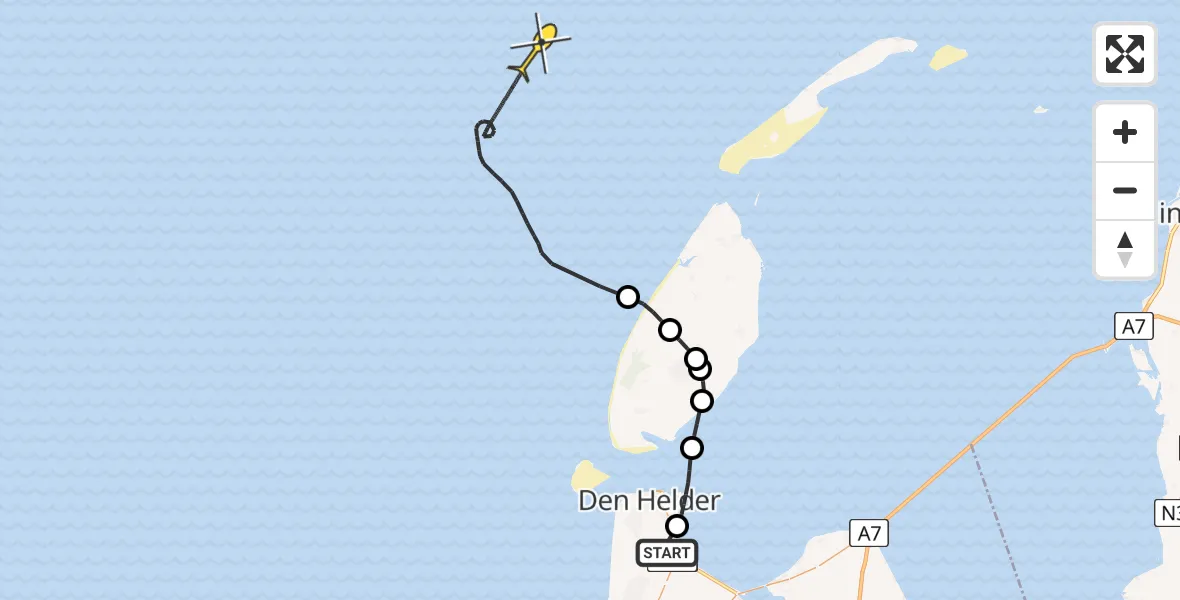 Vluchtroute Kustwachthelikopter van Vliegveld De Kooy naar 