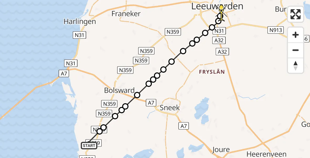 Routekaart van de vlucht: Lifeliner 4 naar Leeuwarden, Panwurk