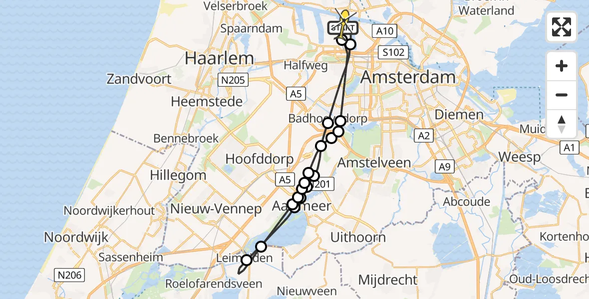 Vluchtroute Traumahelikopter van Amsterdam Heliport naar Amsterdam Heliport