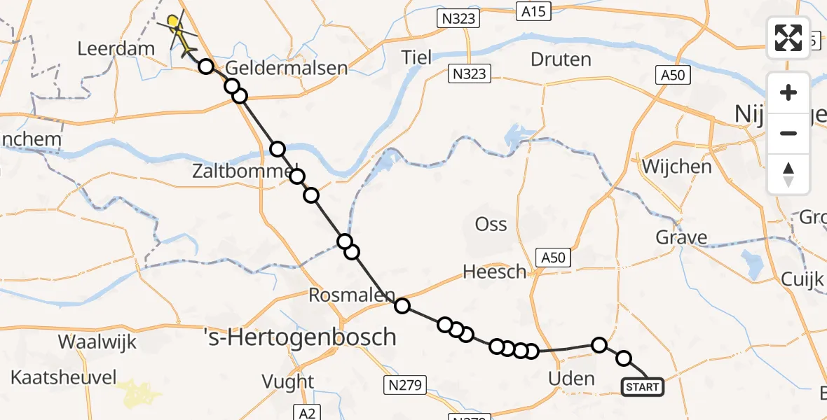 Routekaart van de vlucht: Politieheli naar Beesd, Zeelandsedijk