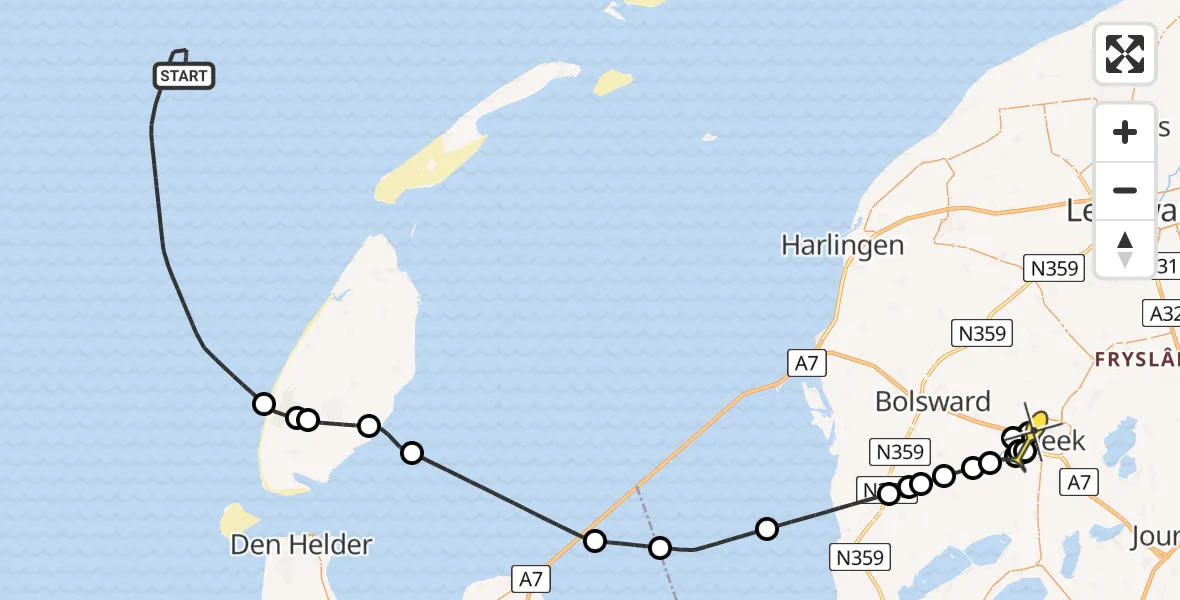 Routekaart van de vlucht: Kustwachthelikopter naar Sneek, Simmerdyk