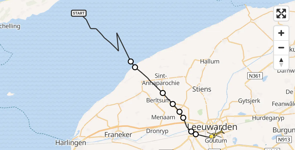 Routekaart van de vlucht: Ambulanceheli naar Leeuwarden, Oosterom