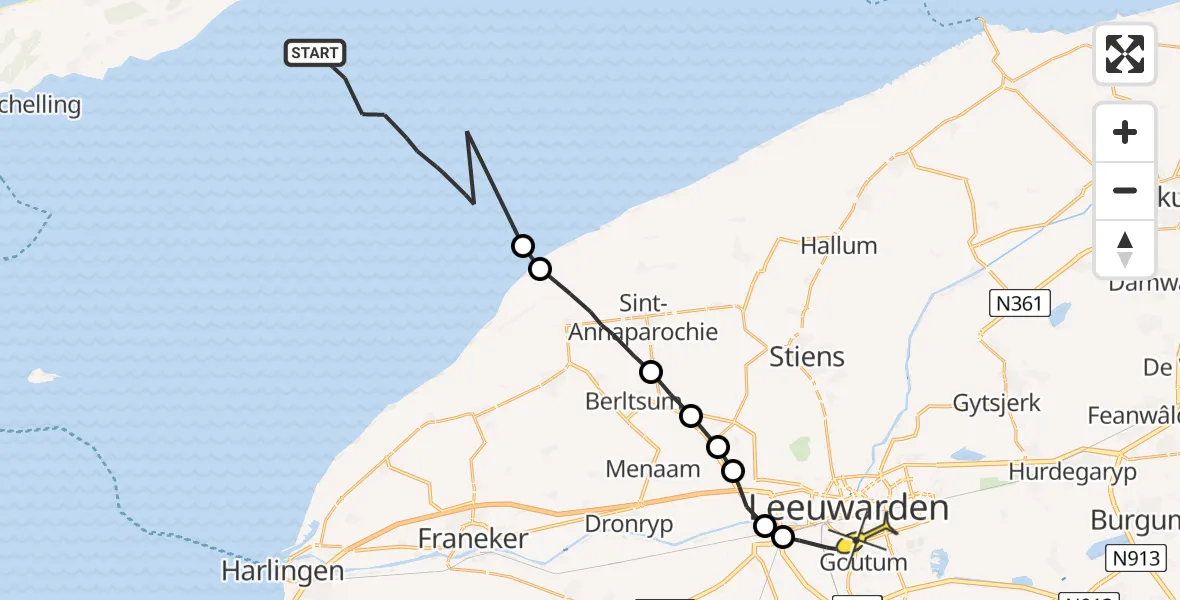 Routekaart van de vlucht: Ambulancehelikopter naar Leeuwarden, Oosterom