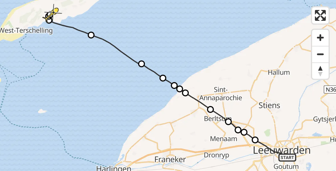 Routekaart van de vlucht: Ambulanceheli naar Baaiduinen, Harlingertrekweg