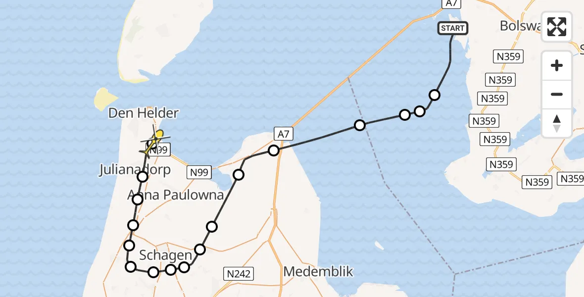 Routekaart van de vlucht: Kustwachthelikopter naar Vliegveld De Kooy, De Skilbank