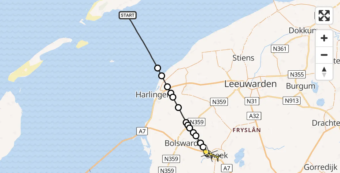 Routekaart van de vlucht: Ambulanceheli naar Sneek, Riepel